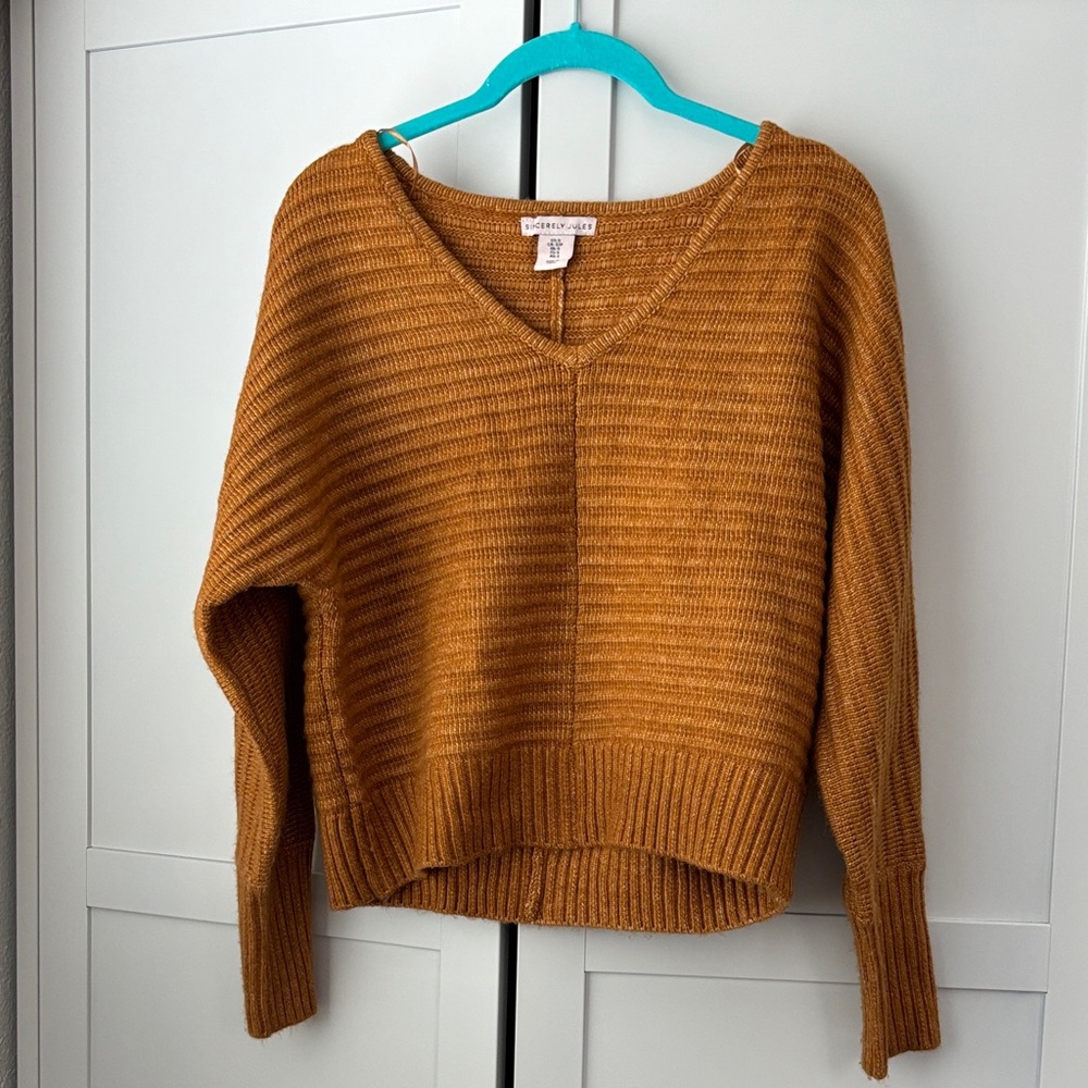 Sincerely Jules Ribbed V-Neck Sweater in Mustard Brown